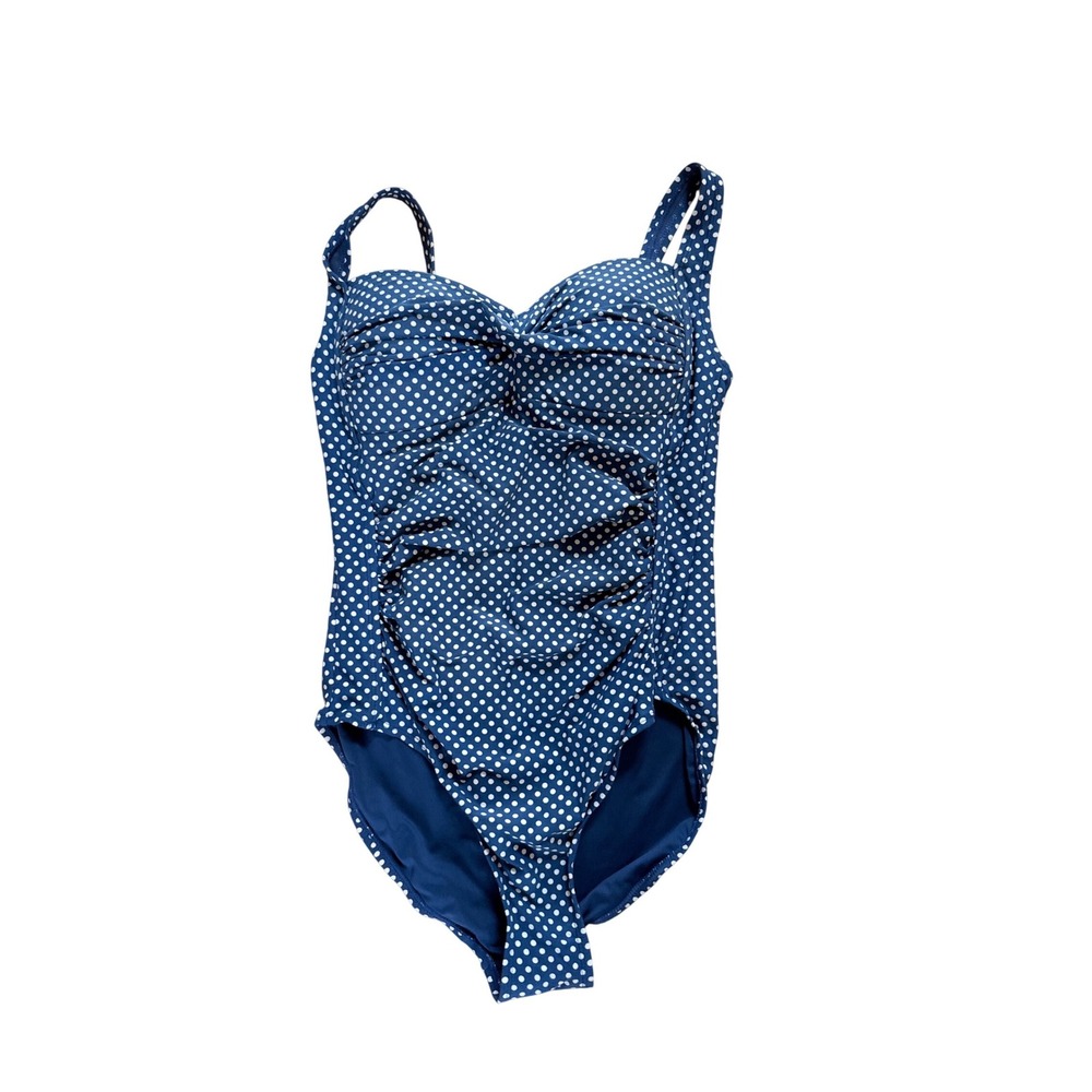 Niptuck Swim Womens Navy Blue Polka Dot Ruched One Piece Swimsuit Size 8 US